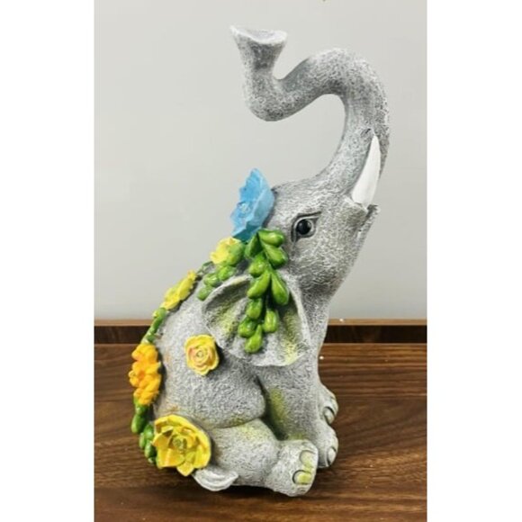 Outdoor Elephant Sculpture Statue - Solar Garden Elephant with 7 LED Succulent - Picture 4 of 6